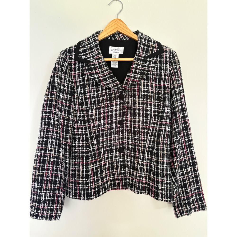 Studio I Petite Black White Pink Tweed Plaid Blazer Jacket Size 8P Professional